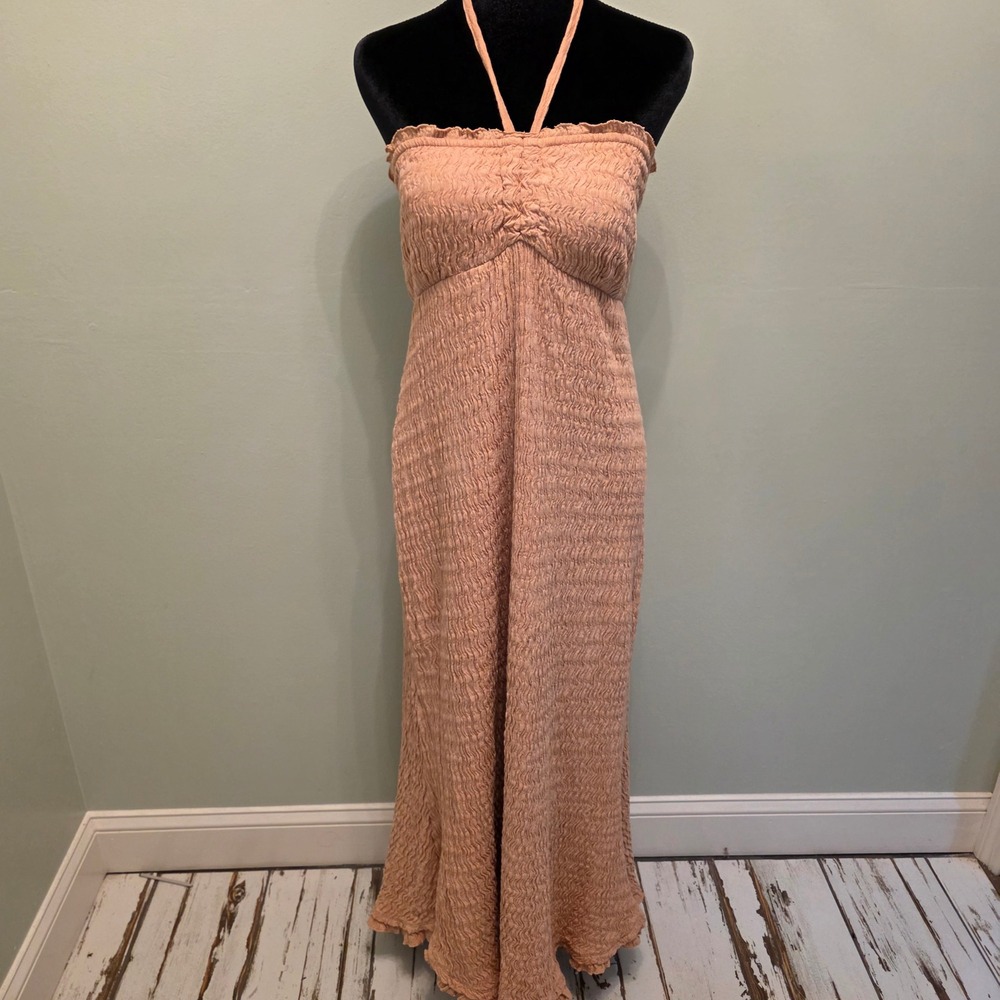 FP Beach Amelia Halter Midi Dress /Gorgeous Smocked Crinkle Texture Size XL